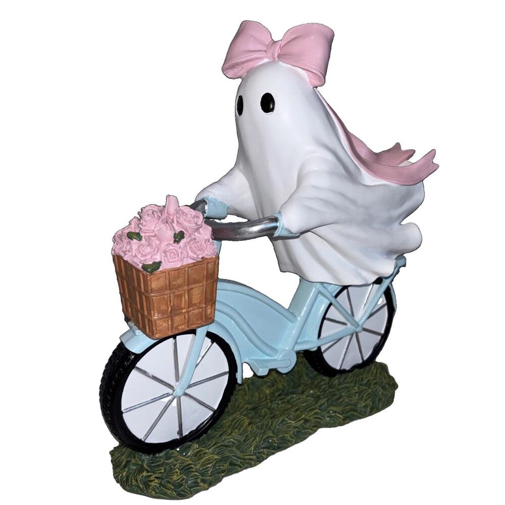 Pink Ghost Girl Riding Bike Bicycle Pink Roses Bow Halloween Summerween NEW